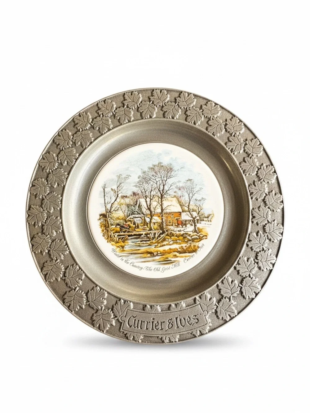 Vintage Currier & Ives Old Grist Mill Pewter Plate | Carson Freeport PA | Winter
